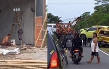 Kuli bangunan tetap fokus bekerja meskipun terjadi kecelakaan mobil di depan mereka.