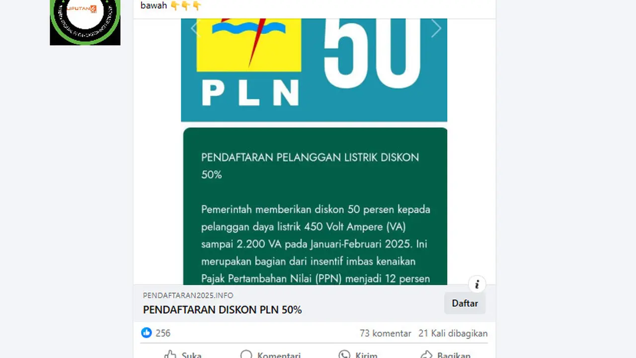 Tangkapan layar klaim situs resmi PLN untuk mendaftar diskon tarif  listrik 50 persen