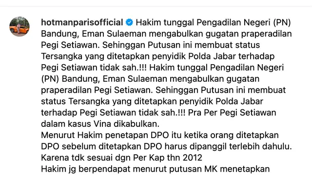 Unggahan Hotman Paris. (Foto: Dok. Instagram @hotmanparisofficial)