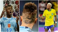 (kiri ke kanan) Foto kolase gaya rambut pemain Spanyol Nico Williams, kiper Uruguay Sebastian Sosa, dan pemain Brasil Neymar pada ajang Piala Dunia 2022. (AP Photo/Francisco Seco/Manu Fernandez/Martin Meissner)