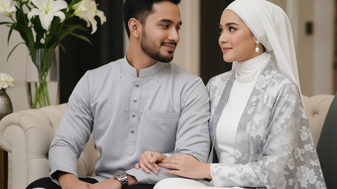 Pasangan pakai baju lebaran Gaya Semi-Formal dengan Rompi atau Outer (Gemini AI)