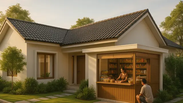 Desain  Rumah L-Shape dengan Warung di Teras Samping