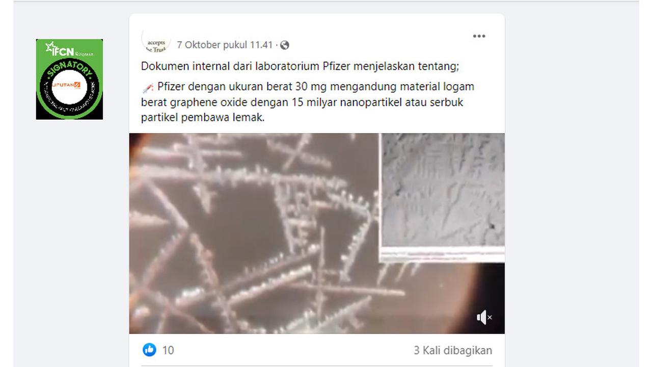 Tangkapan layar klaim vaksin Pfizer mengandung logam berat graphene oxide