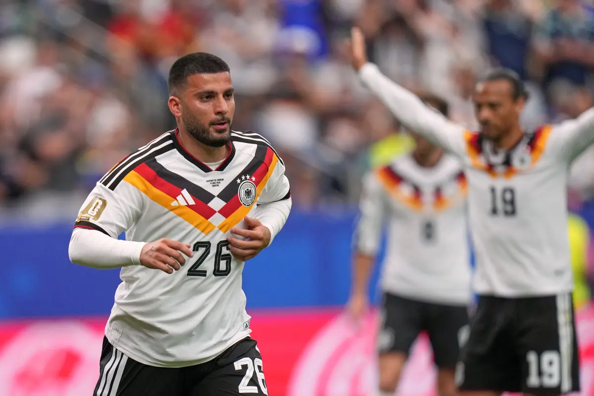 Selebrasi Deniz Undav usai mencetak gol di laga Jerman vs Curacao di matchday 1 Grup E Piala Dunia 2026 di Houston Stadium, Senin (15/6/2026) dini hari WIB.