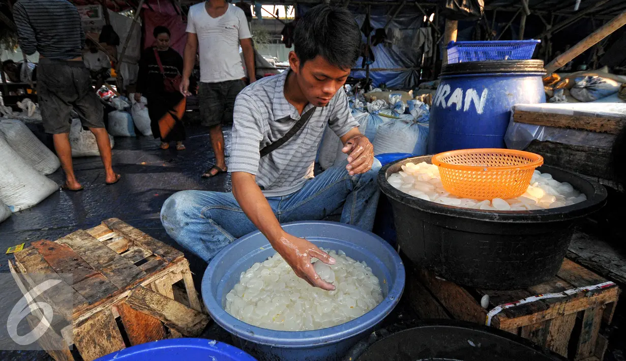 Seorang pedagang saat memilih kolang-kaling di Pasar Induk, Kramat Jati, Jakarta, Jumat (19/6/2015). Untuk memenuhi permintaan konsumen, pedagang kolang-kaling di pasar Induk, kramat jati menambah pasokan kolang-kaling. (Liputan6.com/Yoppy Renato)