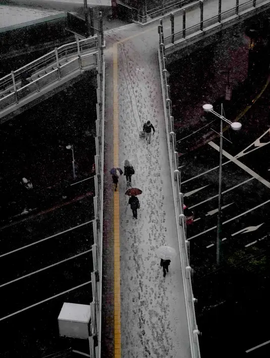 Warga berjalan di jembatan yang tertutup salju tebal di Tokyo (22/1). Badan cuaca Jepang mengeluarkan peringatan salju pertamanya di kota tersebut setelah empat tahun terakhir.  (AP Photo/Shizuo Kambayashi)