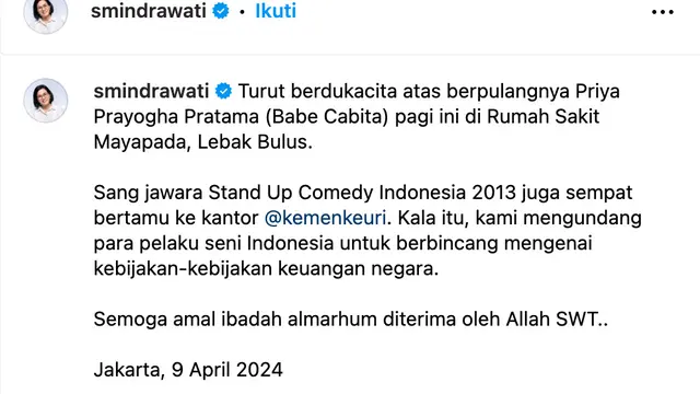 Unggahan Sri Mulyani tentang Babe Cabita (Foto: Dok. Instagram @smindrawati)