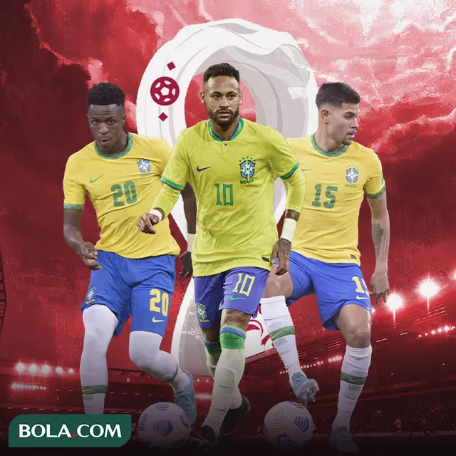Ilustrasi - Bruno Guimaraes, Neymar, Vinicius Nuansa Piala Dunia