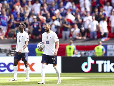 Prancis harus puas dengan hasil imbang ketika menghadapi tuan rumah Hongaria di Stadion Puskas Arena, Budapest, Hongaria. Mereka harus kebobolan terlebih dahulu sebelum Antoine Griezmann berhasil samakan kedudukan. (Foto: AP/Pool/Alex Pantling)