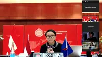 Menlu Retno dalam press briefing mengenai pertemuan virtual antara Menlu ASEAN-AS dengan awak media pada Kamis 23 April 2020.
