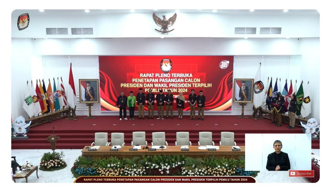 KPU RI menyerahkan keputusan hasil rapat pleno penetapan Prabowo Subianto-Gibran Rakabuming Raka sebagai Presiden dan Wakil Presiden Terpilih 2024 kepada pimpinan partai politik pengusung pasangan capres dan cawapres nomor urut 01 Anies-Cak Imin.