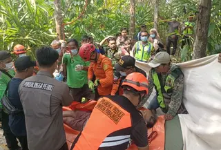 Tim gabungan mengevakuasi seorang lanjut usia (lansia) yang ditemukan meninggal dunia di atas pohon kelapa dengan ketinggian sekitar 15 meter di Desa Bantarbarang, Kabupaten Purbalingga, Jawa Tengah, Sabtu (18/7/2026). (Foto: Antara)