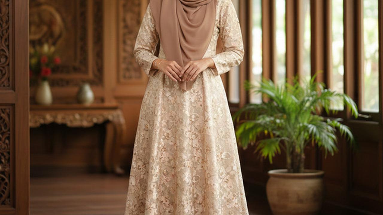 Gamis Batik Brokat Warna Champagne Cocok dengan Kerudung Apa? Ini 7 Rekomendasinya yang Elegan