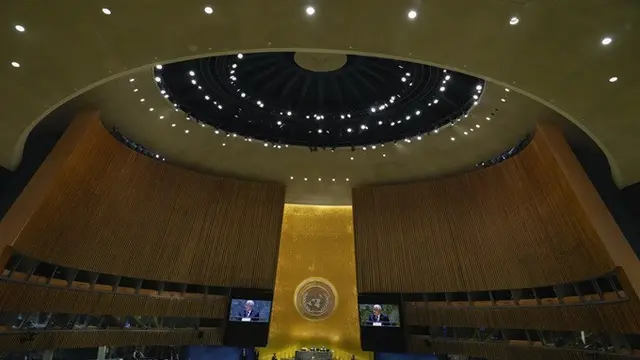 Presiden Otoritas Palestina Mahmoud Abbas saat berpidato di hadapan Sidang ke-79 Majelis Umum PBB pada Kamis (26/9/2024).