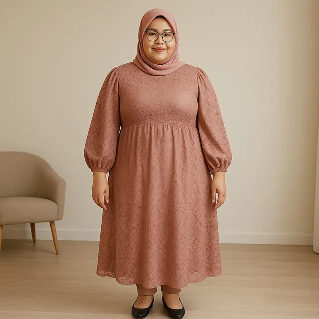 Model Dress Brokat Lengan Balon (Ukuran Sedang) untuk Orang Plus Size/via ChatGPT