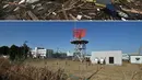 Foto kombinasi menunjukkan pesawat pribadi (atas) yang terdampar di darat tsunami di puing-puing di samping mobil di luar Bandara Sendai di Natori, Prefektur Miyagi pada 13 Maret 2011, dua hari setelah tsunami memukul wilayah tersebut dan area yang sama (bawah) hampir 10 tahun kemudian pada 26 Janua