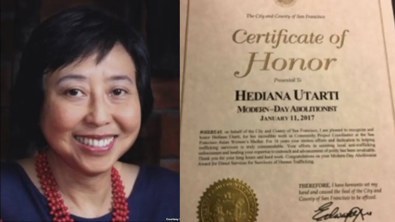 Hedia Utarti, WNI pertama yang mendapatkan penghargaan dari organisasi San Francisco Collaborative Against Human Trafficking (SFCAHT). (VOA News)