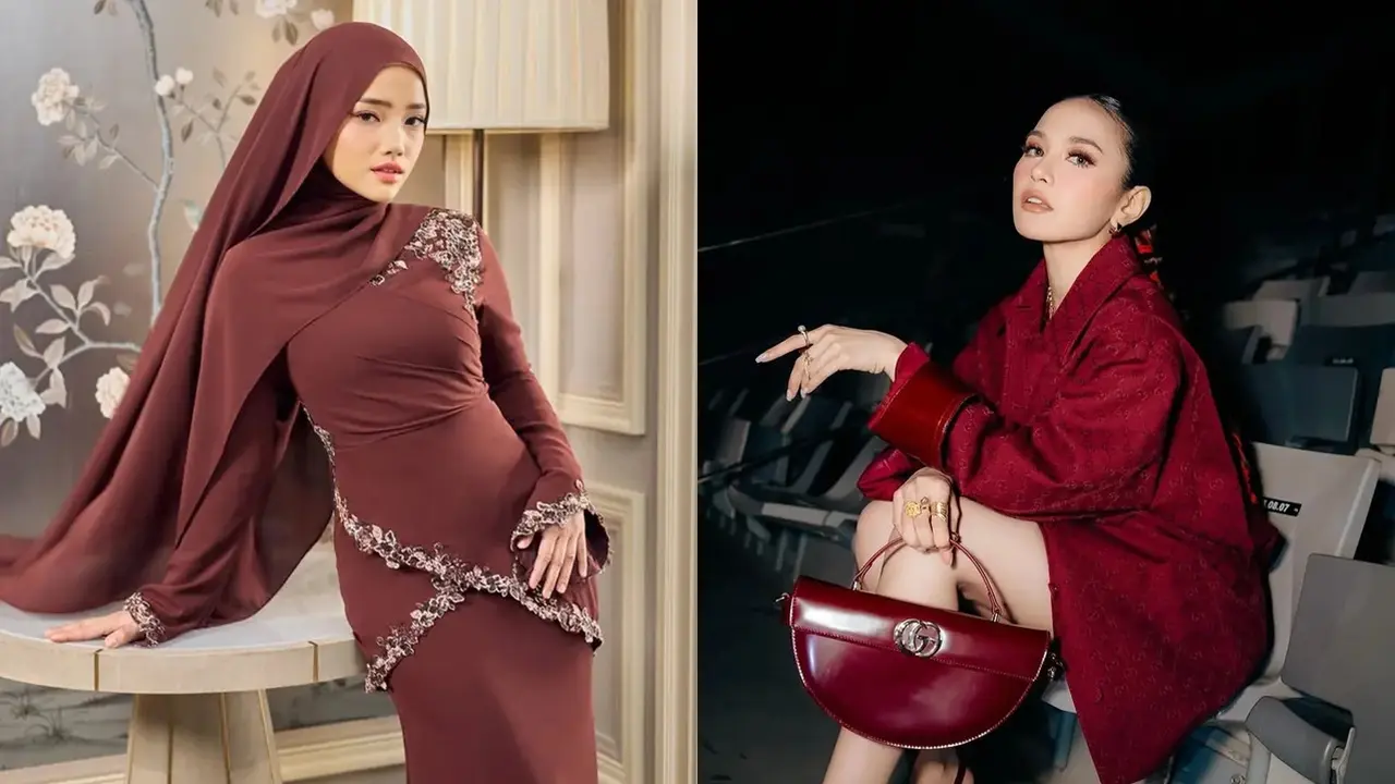 Artis Pakai Gaun Burgundy