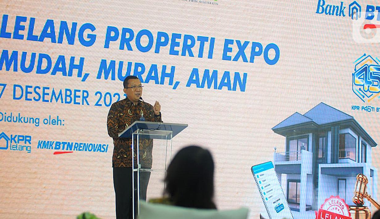Direktur Utama Bank BTN Haru Koesmahargyo memberi sambutan pada acara Lelang Properti Expo 2021 di Menara BTN, Jakarta, Selasa (7/12/2021). Bank BTN mengerahkan 25 kantor cabang perseroan untuk memasarkan hampir 250 unit hunian menggunakan skema lelang kepada para investor. (Liputan6.com/HO/BTN)