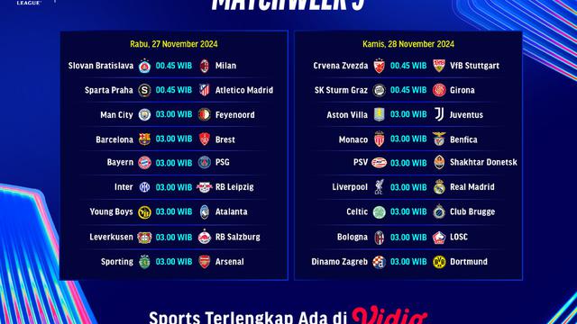 Jadwal Liga Champions 2024/25 Matchweek 5 di Vidio