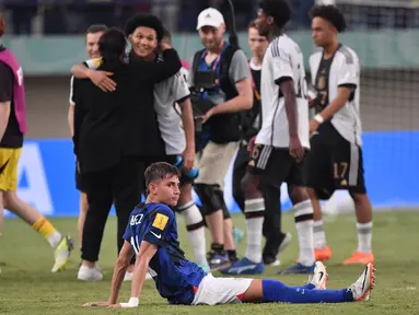 Raut wajah pemain timnas Amerika Serikat U-17, David Vazquez usai laga melawan Jerman di 16 besar Piala Dunia U-17 2023 di Stadion Si Jalak Harupat, Bandung, Selasa (21/11/2023). (Doc LOC WCU17/SBN)