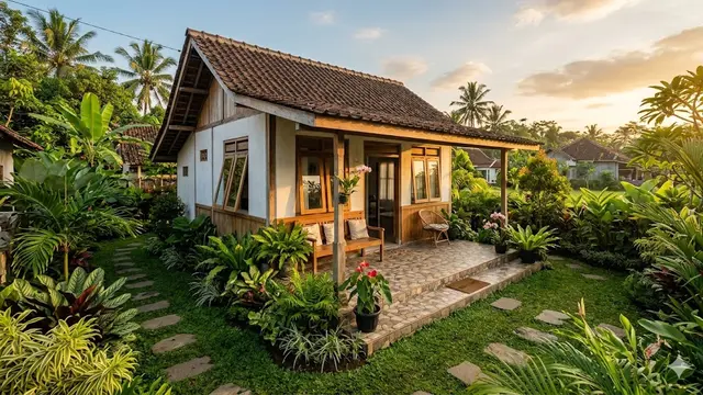 Contoh Rumah Desa dengan Teras Keramik Motif Batu dan Taman Mini