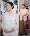 Hamil anak kedua, Nikita Willy gelar syukuran mengenakan kebaya kurung nuansa putih-baby blue dari @studioboh. Kebayanya dipadukan rok warna senada dan kerudung lace. [@nikitawillyofficial94].