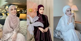 Gaya elegan bak princess Arab dari Aghnia Punjabi kenakan maxi dress berbahan crinkle satin yang beri kesan mewah. Aghnia melengkapinya dengan pashmina warna senada. [@emyaghnia]
