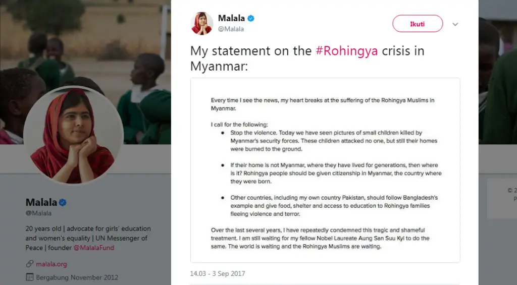 Malala Yousafzai meminta Pemimpin de facto Myanmar, Aung San Suu Kyi ikut mengutuk kekerasan pada etnis Rohingya (Twitter/@Malala)