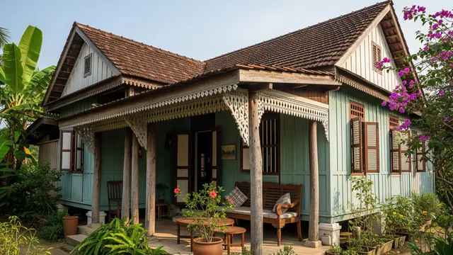 Rumah Kampung 1 Lantai dengan Teras Unik ala Desa Tempo Dulu (Gemini AI)