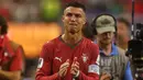 Pemain Portugal Cristiano Ronaldo menangis setelah pertandingan sepak bola babak 16 besar Piala Dunia antara Portugal dan Spanyol di Arlington, Texas, dekat Dallas, Senin, 6 Juli 2026. (AP Photo/Gareth Patterson)