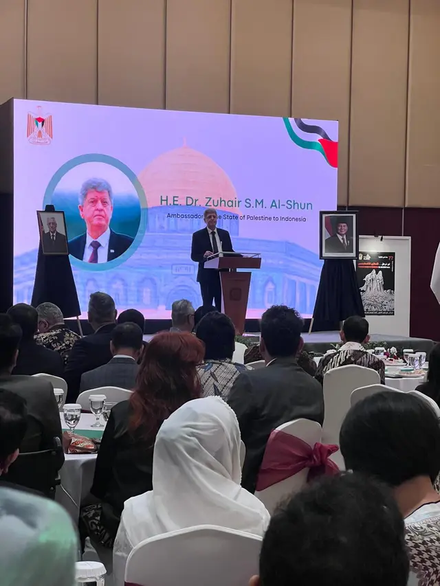 Duta Besar Palestina untuk Indonesia Zuhair Al-Shun dalam peringatan 77 tahun Al-Nakba di Hotel Borobudur, Kamis (22/5/2025). (Liputan6.com/Tanti Yulianingsih)