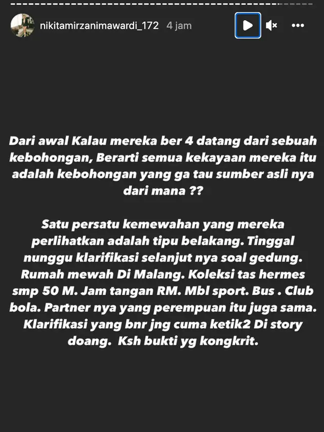 Unggahan Nikita Mirzani. (Foto: Dok. Instagram @nikitamirzanimawardi_172)