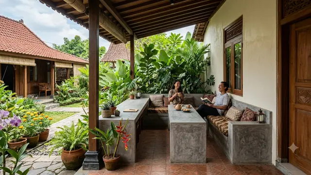Ide Membuat Sudut Santai di Teras Rumah dengan Meja Semen dan Tanaman Rindang Model Sudut Memanjang Tepi Teras