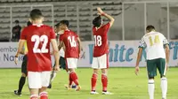 Selebrasi pemain Timnas Indonesia proyeksi SEA Games 2021, Kadek Agung, usai membobol gawang Tira Persikabo dalam laga uji coba di Stadion Madya, Jumat (5/3/2021). (Bola.com/Muhammad Iqbal Ichsan)