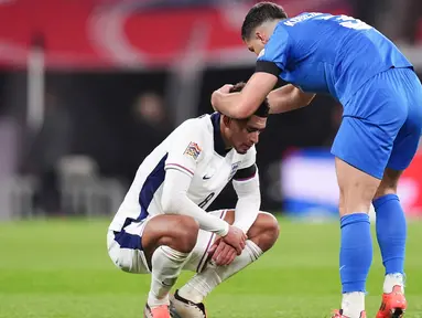 Pemain Timnas Inggris, Jude Bellingham, menjadi salah satu pemain yang cukup terpukul dengan kekalahan dari Yunani dalam duel lanjutan Grup F UEFA Nations League B 2024/2025. (John Walton/PA via AP)