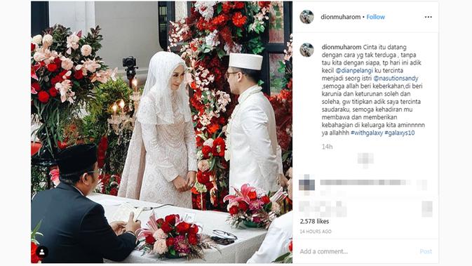 Dian Pelangi dan Sandy Nasution resmi menikah pada Minggu, 17 November 2019. (Screenshot Instagram @dionmuharom/https://www.instagram.com/p/B481hp-l3DU/Putu Elmira)