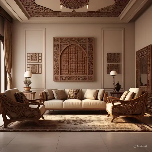 Gambar desain ruang tamu arabian style alias ruang tamu khas arab. (Foto: Meta AI)