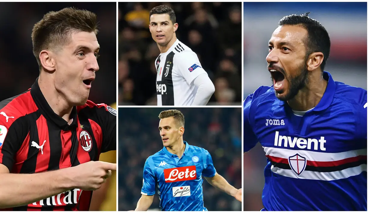 Berikut ini daftar top scorer Serie A 2019. Fabio Quagliarella di posisi pertama dengan koleksi 26 gol, sementara bintang Juventus, Cristiano Ronaldo hanya berada di posisi ke empat dengan 21 gol. (Foto Kolase AP dan AFP)