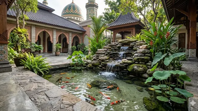 Kolam Ikan dengan Air Mengalir di Teras Masjid (Foto: Gemini AI)