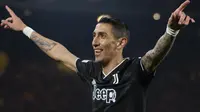 Angel Di Maria merayakan gol ketiganya yang ia cetak ke gawang Nantes pada leg kedua play-off babak gugur Liga Europa 2022/2023, Jumat (24/2/2023) dini hari WIB. (AP Photo/Mathieu Pattier)