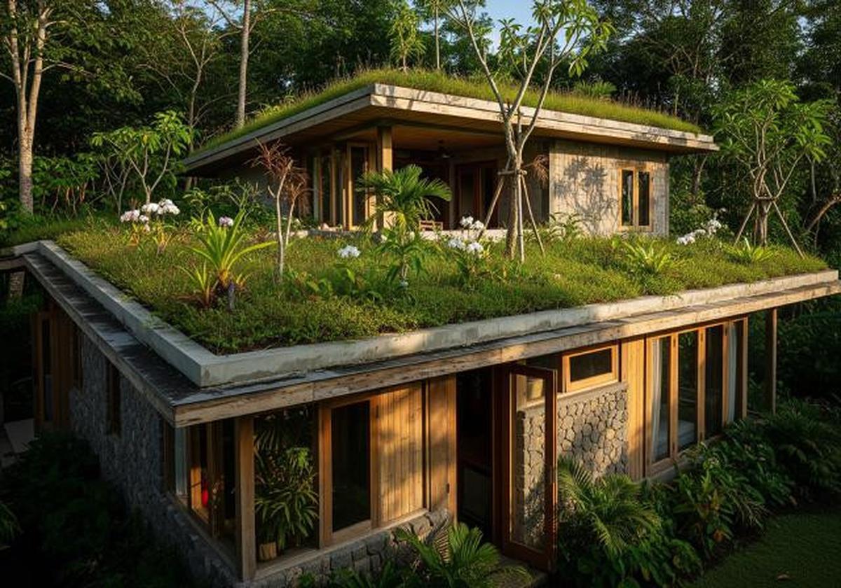 Atap Hijau dengan Sentuhan Alam Liar/Rumah Compact dengan Atap Tanaman Hijau Anti Panas dan Bocor (Sumber: gemini.com)