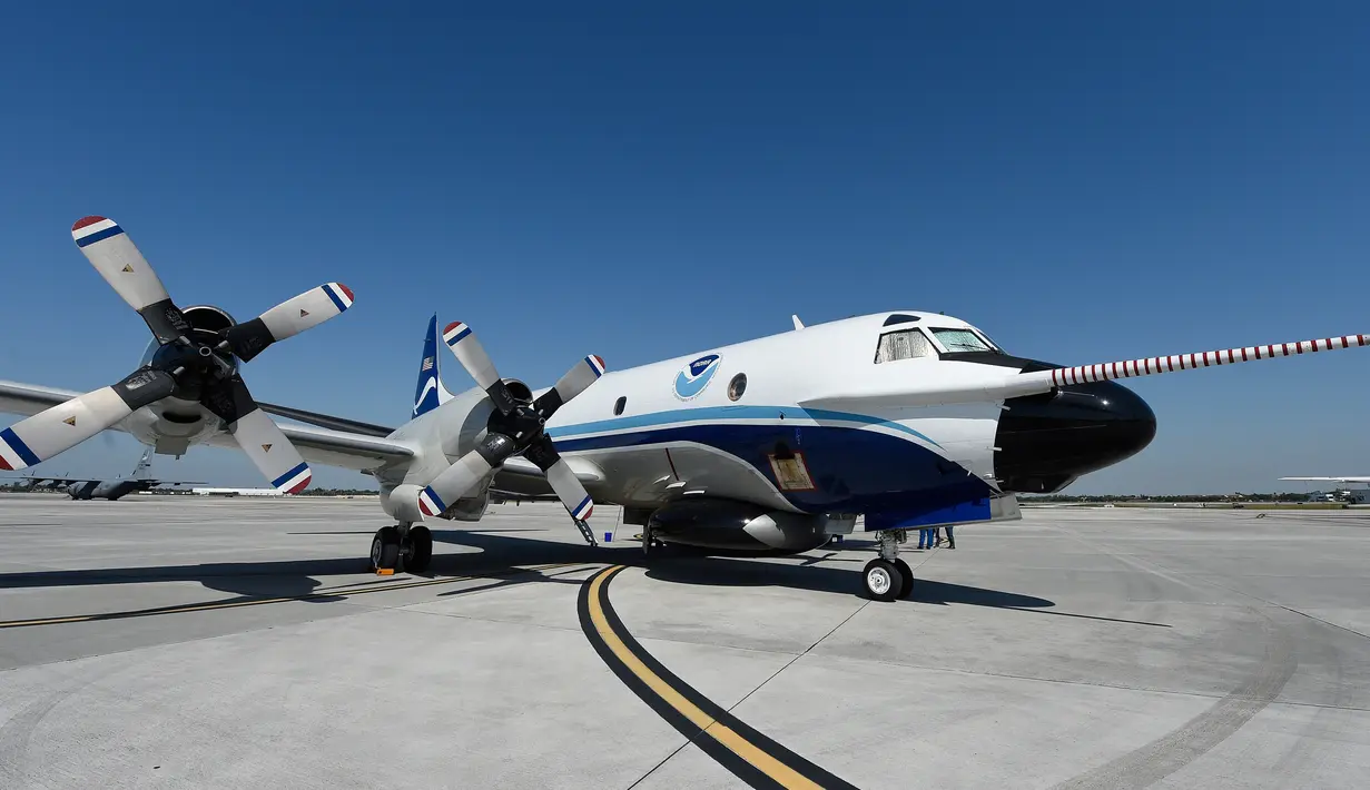 Kermit, pesawat milik National Oceanic and Atmospheric Administration (NOAA) terparkir di Coast Guard Air Station, Bandara Opa Locka, Miami, AS (12/5). Pesawat jenis WP-3D Orion ini digunakan sebagai pemburu badai. (AFP Photo/Rhona Wise)