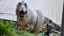 Seorang pria berdiri di depan replika dinosaurus Tyrannosaurus Rex seukuran aslinya di pusat kota Bochum, Jerman (12/8/2019). Pameran ini menampilkan 33 replika dinosaurus di sekitar pusat kota, berada di Bochum. (AP Photo/Martin Meissner)