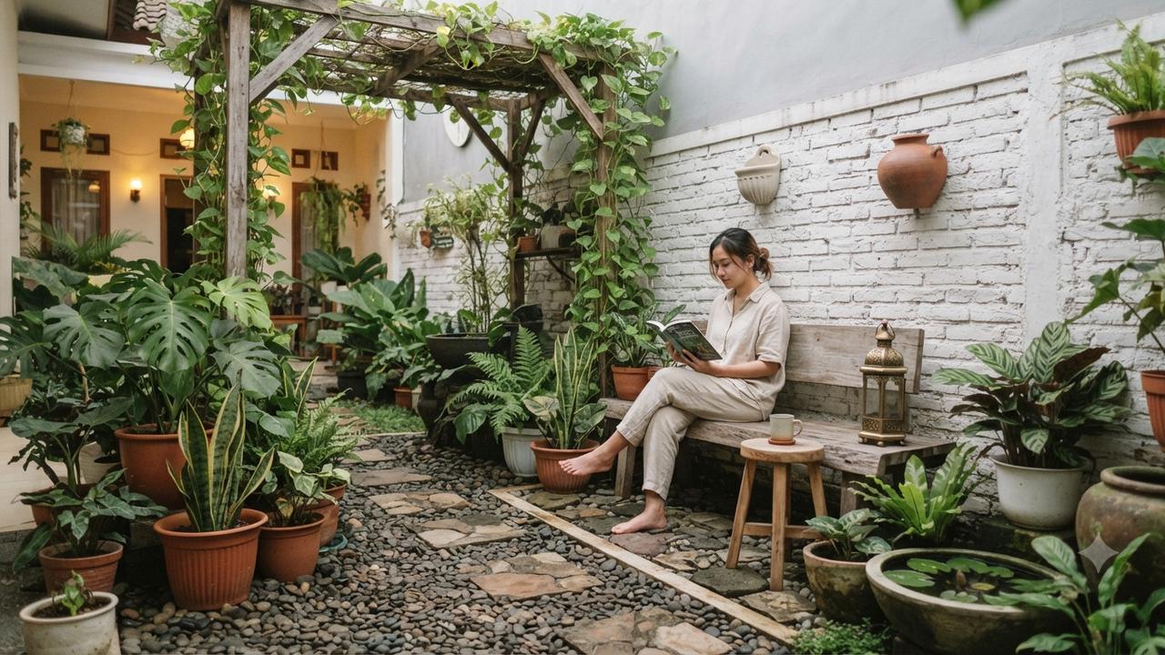 Ide taman yang tetap cantik meski tanpa rumput dan cocok untuk pemilik introvert model memadukan batu, pot dan dekorasi sederhana