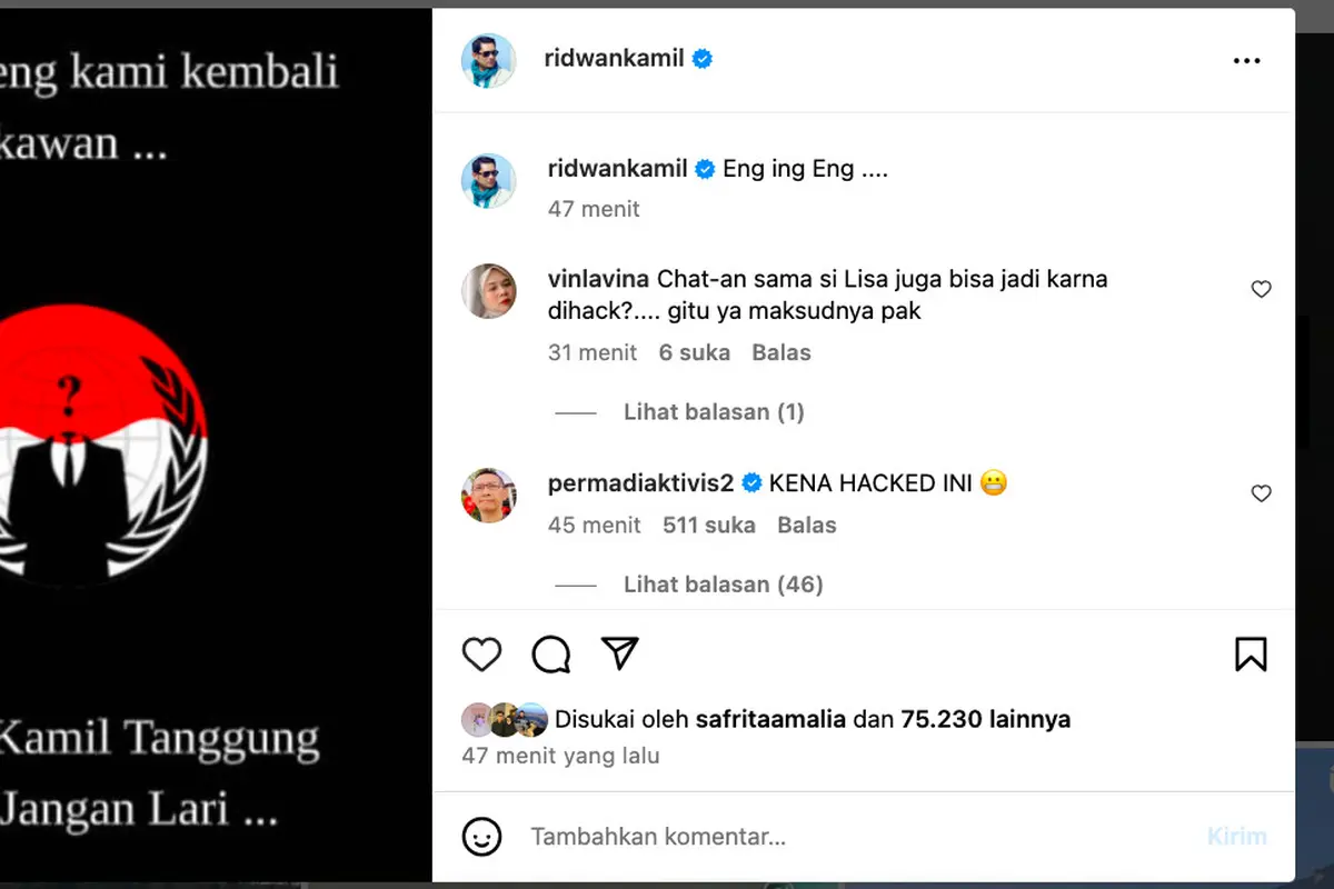 Tangkapan akun Instagram Ridwan Kamil yang memposting sebuah gambar yang tidak biasanya. (Istimewa)