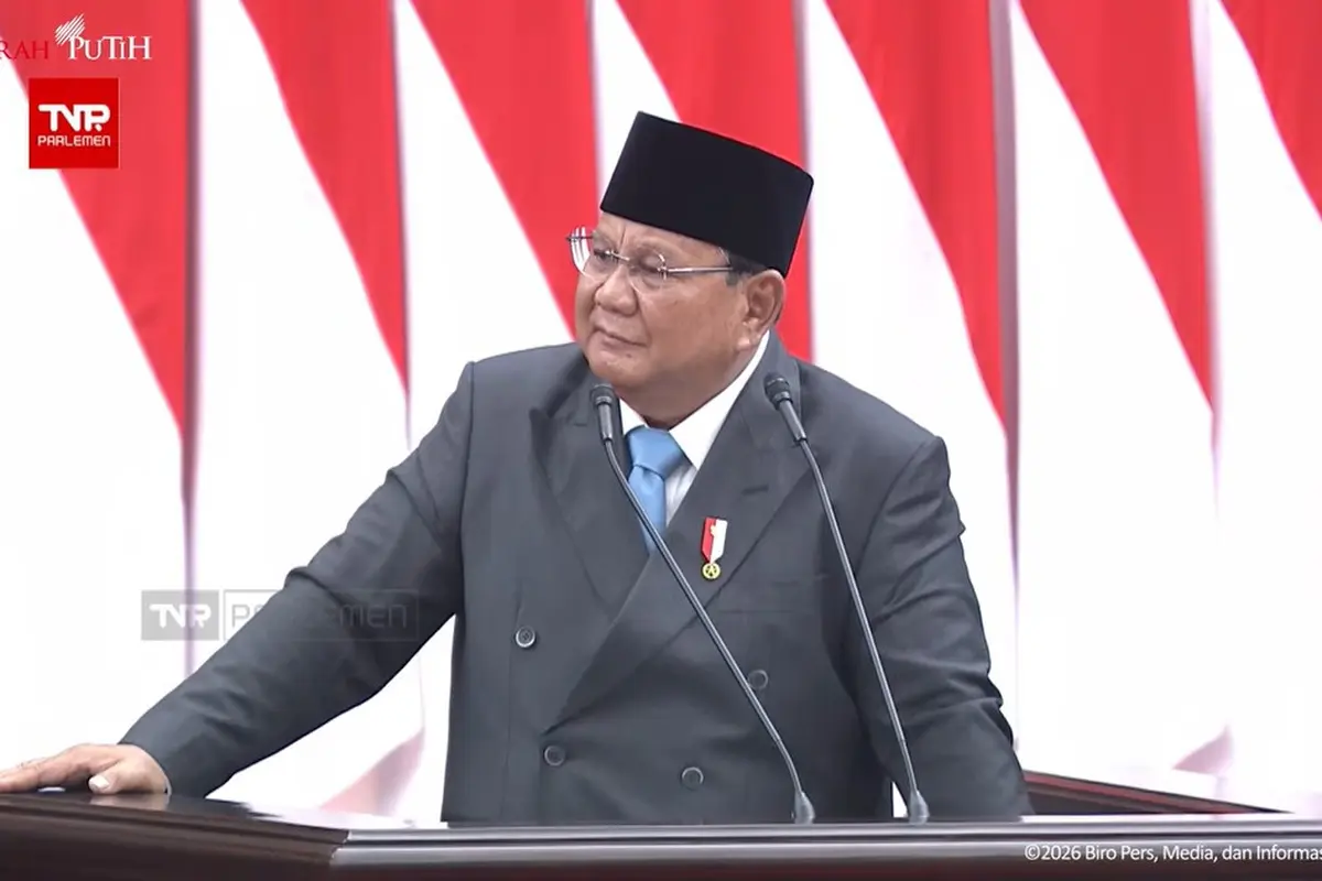 Presiden Prabowo Subianto dalam pidato perdana pada Rapat Paripurna DPR ke-19 Masa Persidangan V Tahun Sidang 2025-2026 di Gedung Nusantara MPR/DPR/DPD, Jakarta, Rabu (20/5/2026).