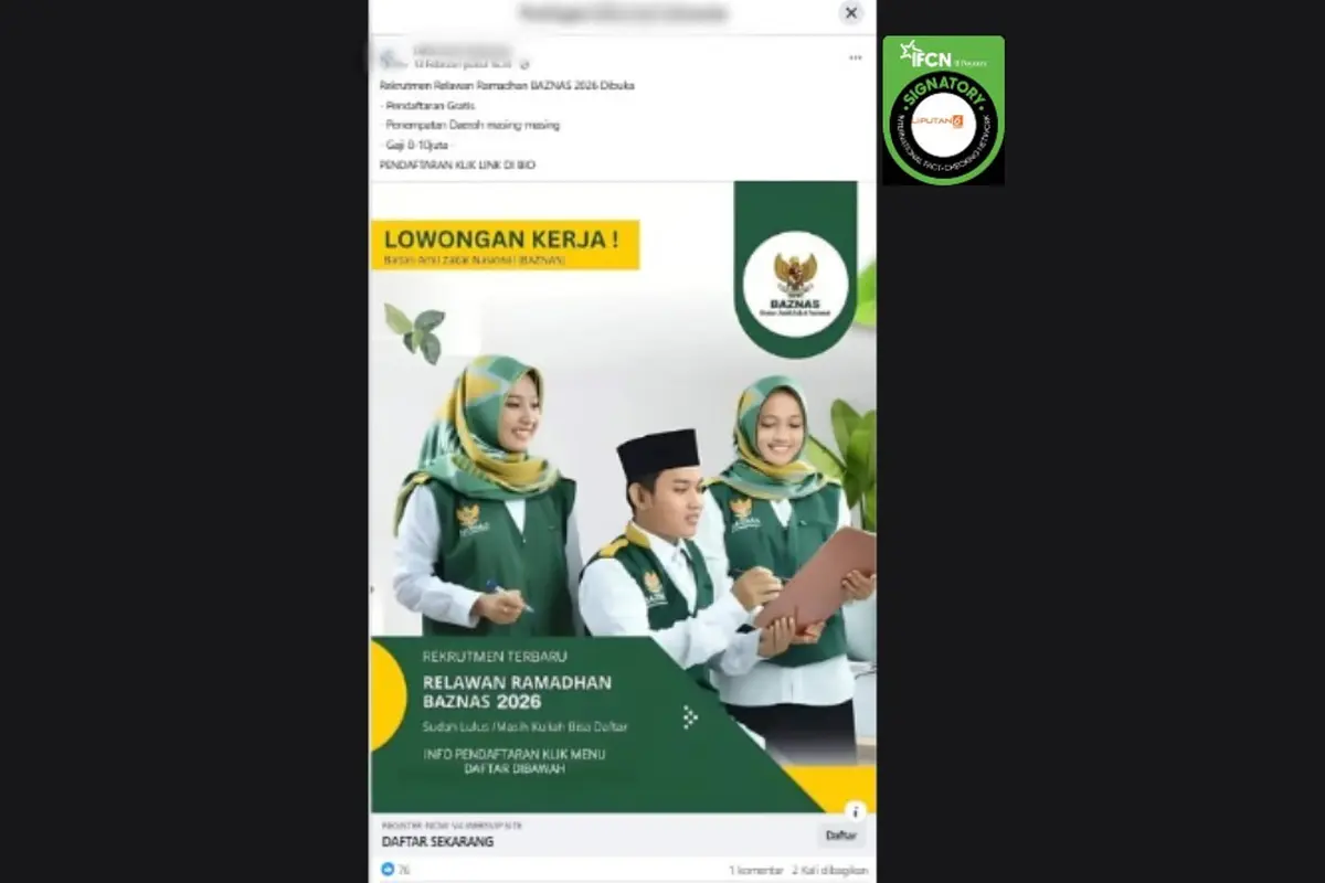 Cek Fakta Liputan6.com mendapati klaim link pendaftaran rekrutmen relawan Ramadan Baznas 2026.