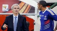 Pelatih Prancis Raymond Domenech dan Thierry Henry berbicara pada laga terakhir Grup A PD 2010 melawan tuan rumah Afsel di Bloemfontein, 22 Juni 2010. AFP PHOTO/GIANLUIGI GUERCIA