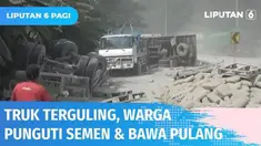Akibat rem blong, truk gandeng bermuatan semen terguling dan terseret hingga puluhan meter di Batang. Bukannya membantu, sejumlah warga mengais semen yang tumpah untuk dibawa pulang.